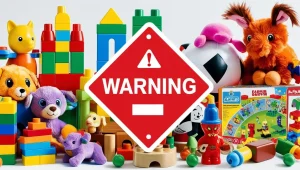 bundle of toys with warning overlay ontop