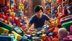 person surrounded by products trying to navigate through them