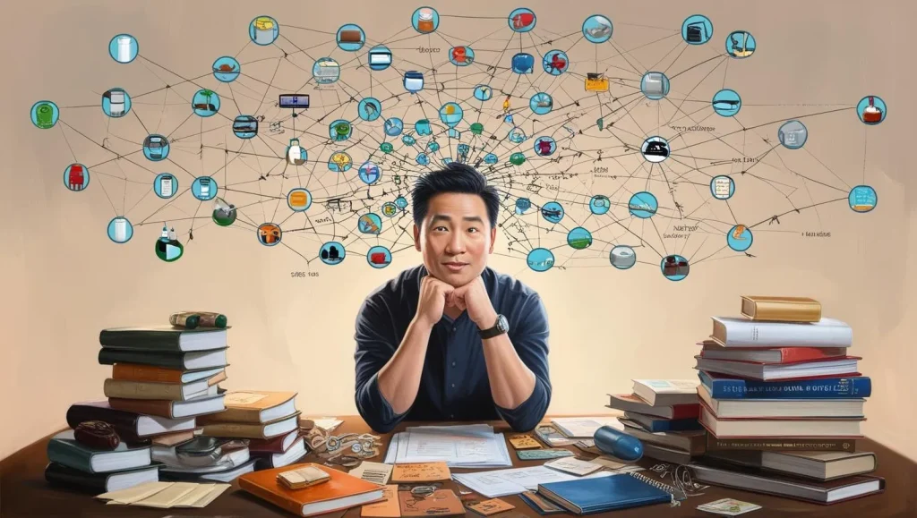 person brainstorming ideas for an FBA Niche with web of ideas above them