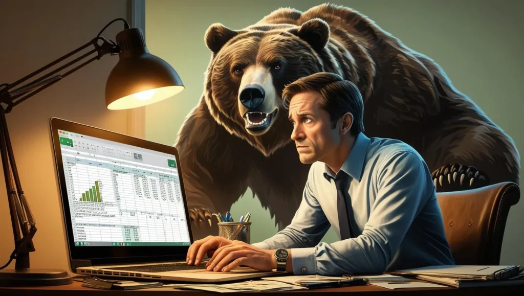 person trying to my decisions on there amazon business under pressure with a grizzly bear watching them