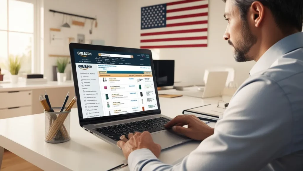 seller on amazon working out his disposal fee on his laptop