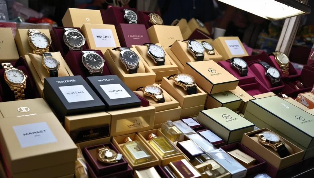 Counterfeit products are being sold at market stall, like watches and perfume.